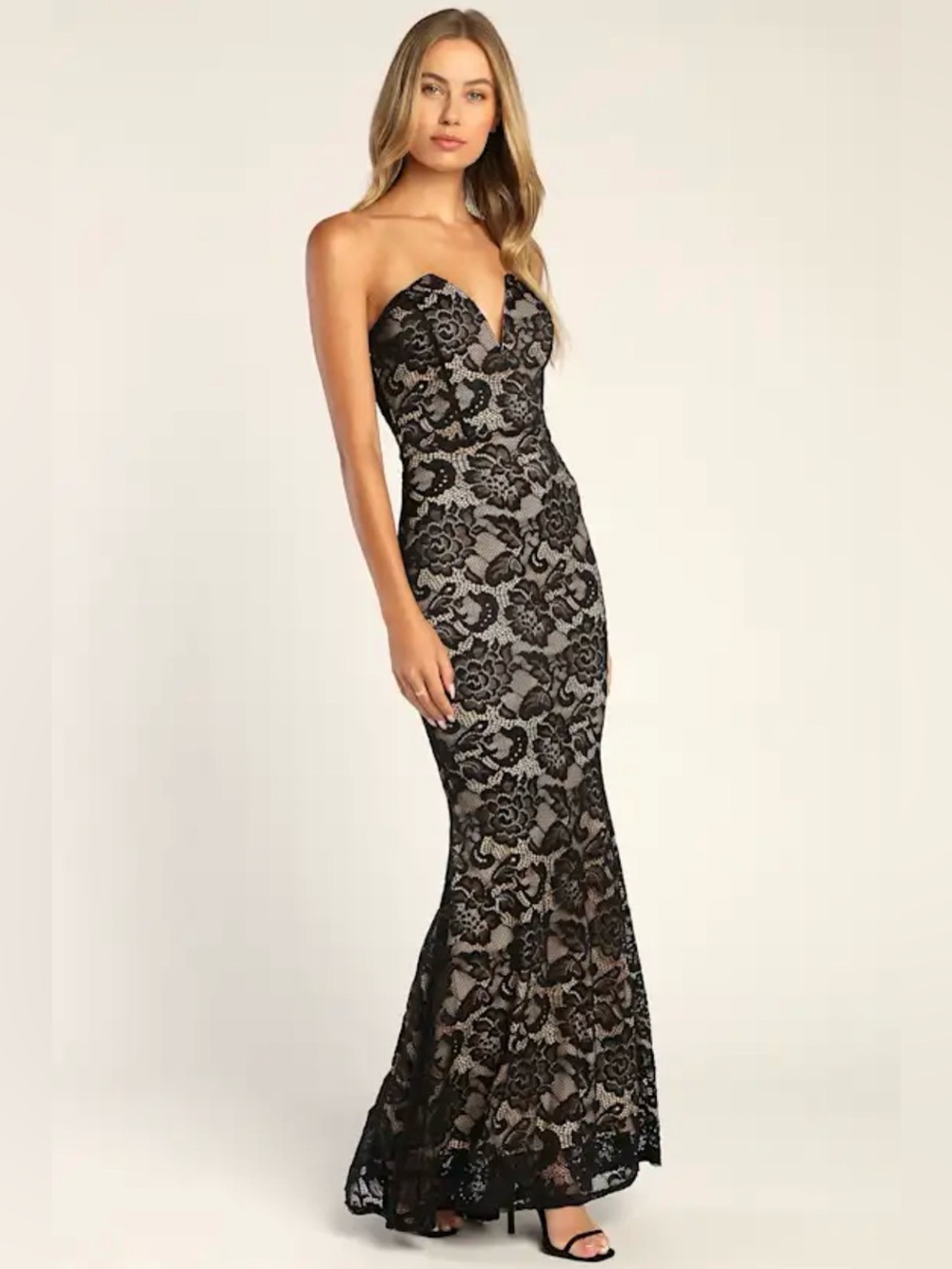 Lulus Sexy Sophistication Black Lace Strapless Trumpet Maxi Dress Size XS NWT